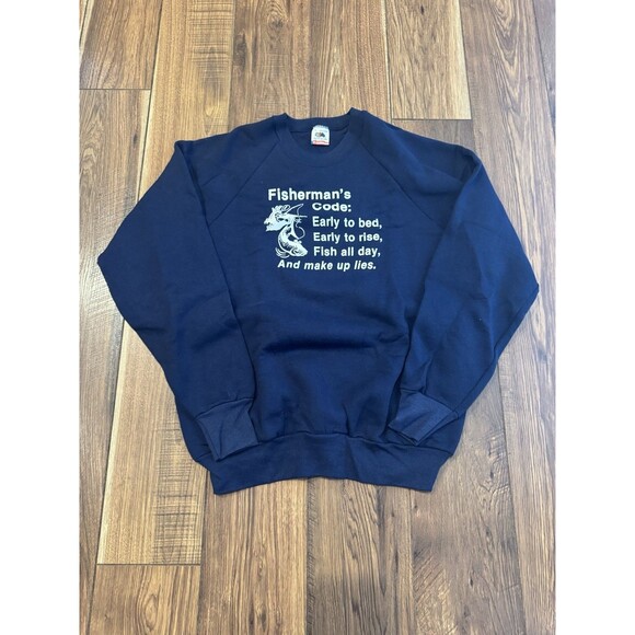 Vintage 90s Fruit of the Loom Fishing Crewneck Blue Sweatshirt Made In USA Large - Picture 1 of 6